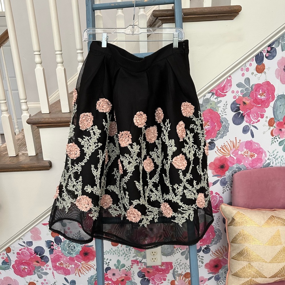 Chicwish Black Floral Embroidered A-Line Skirt